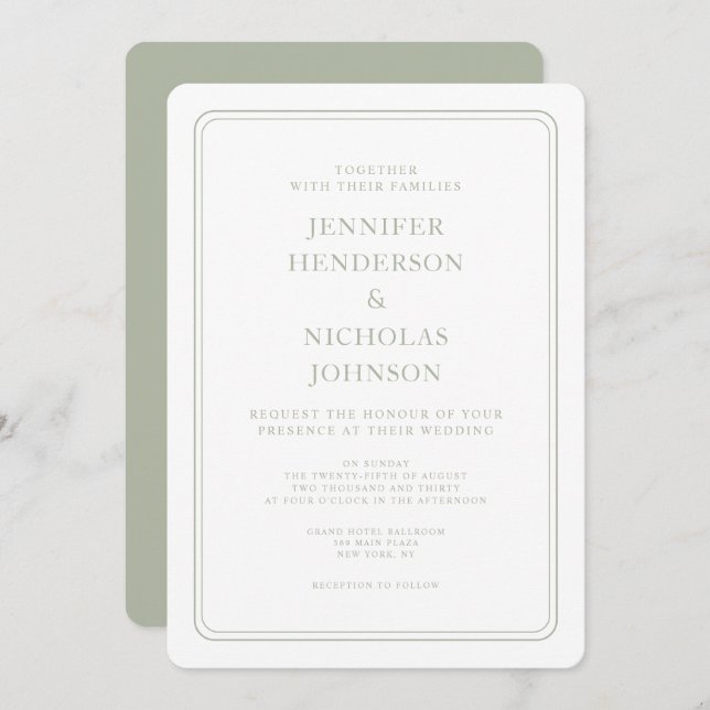 Invitación Elegante Boda verde sabio formal (Anverso / Reverso)