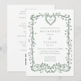Invitación Elegante Boda Verde Salvia Marco Francés Corazón