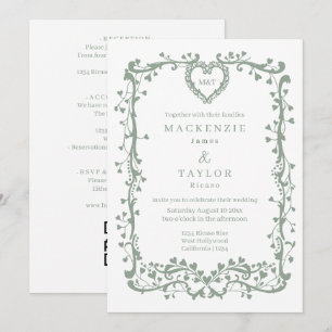 Invitación Elegante Boda Verde Salvia Marco Francés Corazón