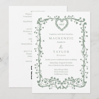 Invitación Elegante Boda Verde Salvia Marco Francés Corazón