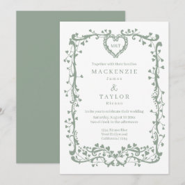 Invitación Elegante Boda Verde Salvia Marco Francés Corazón