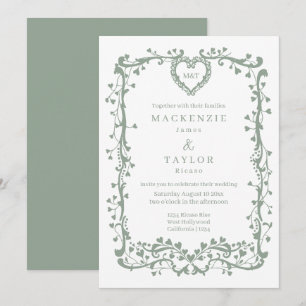 Invitación Elegante Boda Verde Salvia Marco Francés Corazón