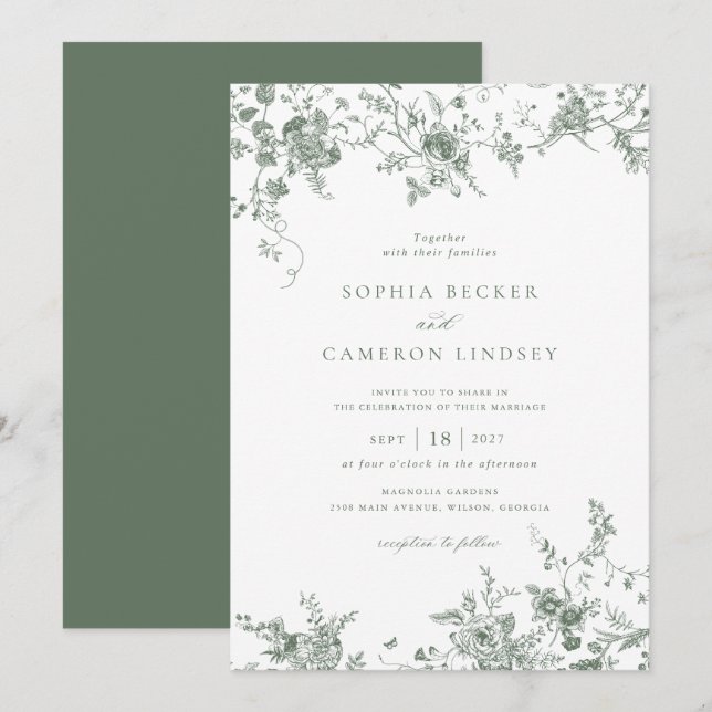 Invitación Elegante Boda verde vintage floral Sage (Anverso / Reverso)