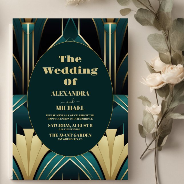 Invitación Elegante Boda verde y dorado Art Deco (Subido por el creador)