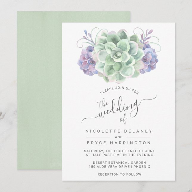 Invitación Elegante Boda Verde y Morado Suculento (Anverso / Reverso)
