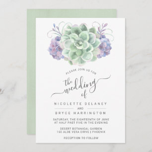 Invitación Elegante Boda Verde y Morado Suculento