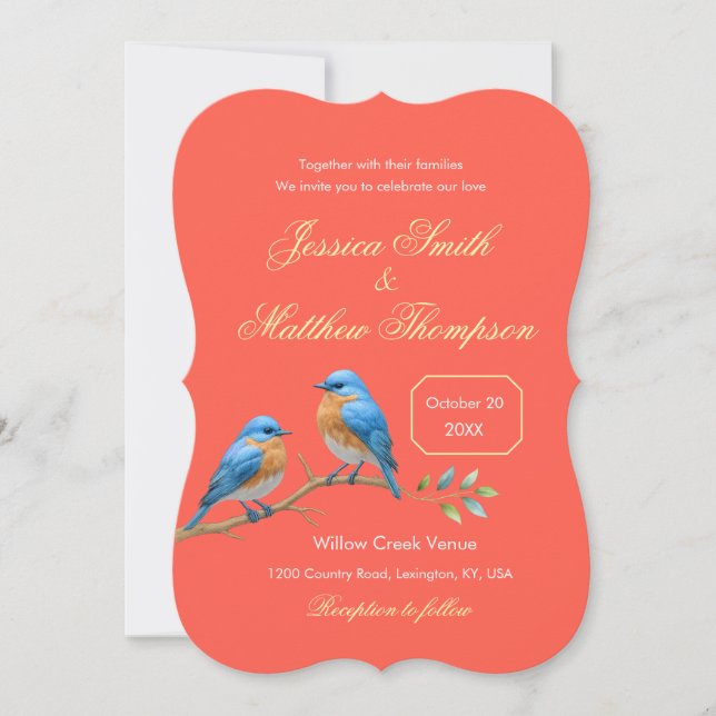 Invitación Elegante Boda Verona Sunset Coral Bluebirds (Anverso)