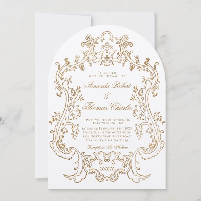 Invitación Elegante Boda victoriano blanco y dorado (Anverso)