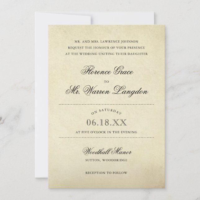 Invitación Elegante Boda victoriano de papel de época beige (Anverso)
