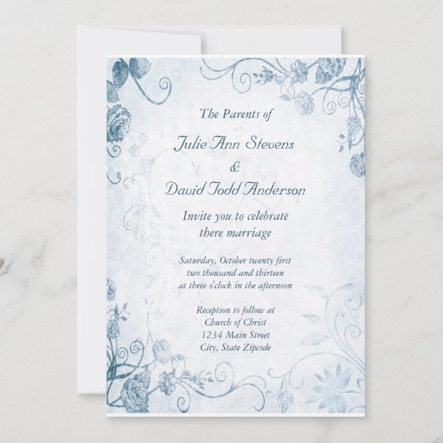 Invitación Elegante Boda Vintage Azul (Anverso)