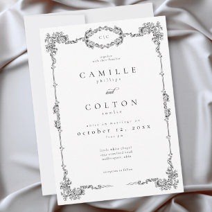 Invitación Elegante Boda Vintage Barroco Blanco y Negro