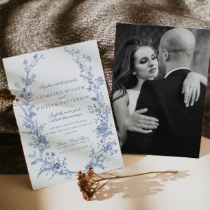 Invitación Elegante Boda Vintage Blue Floral Jouy