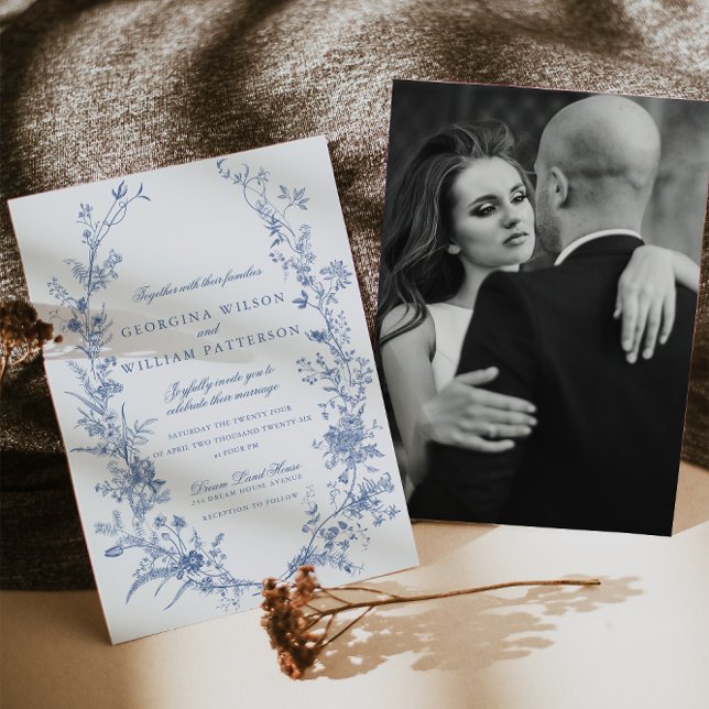 Invitación Elegante Boda Vintage Blue Floral Jouy (Subido por el creador)