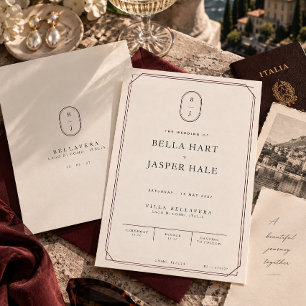 Invitación Elegante Boda Vintage Borgoña Marfil Monograma