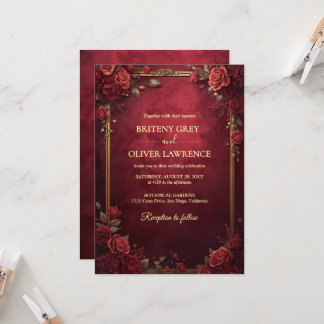 Invitación Elegante Boda vintage con flores de Borgoña y Oro