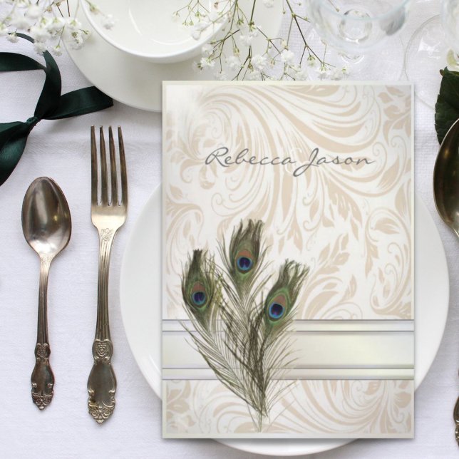 Invitación elegante boda vintage crema damasco pavo real (elegant vintage cream damask peacock wedding invitation)