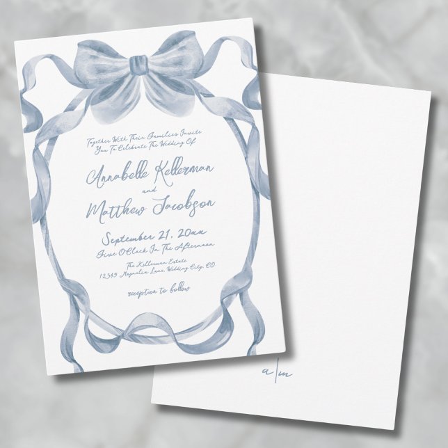 Invitación Elegante Boda Vintage Dusty Blue Bow (Elegant Vintage Dusty Blue Bow Wedding Invitation)