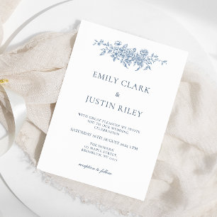 Invitación Elegante Boda Vintage Floral Azul
