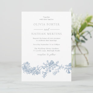 Invitación Elegante Boda Vintage moderno floral azul