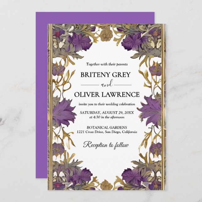 Invitación Elegante Boda Vintage Púrpura William Morris (Anverso / Reverso)