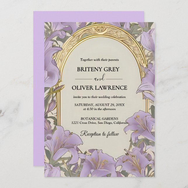 Invitación Elegante Boda Vintage Púrpura William Morris (Anverso / Reverso)