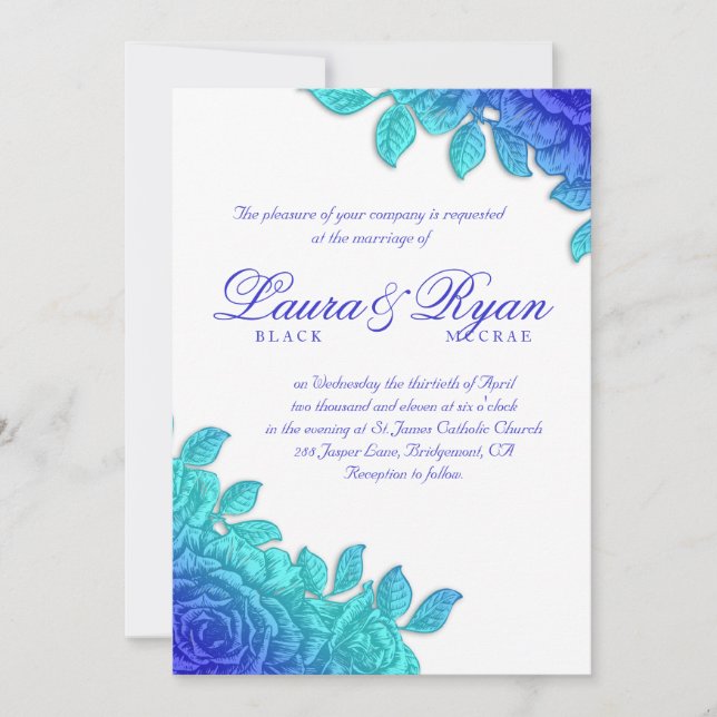 Invitación Elegante Boda Vintage Rosa Azul Real Blanco (Anverso)