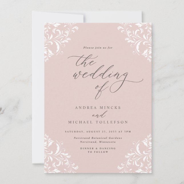 Invitación Elegante Boda Vintage Rosa Claro (Anverso)