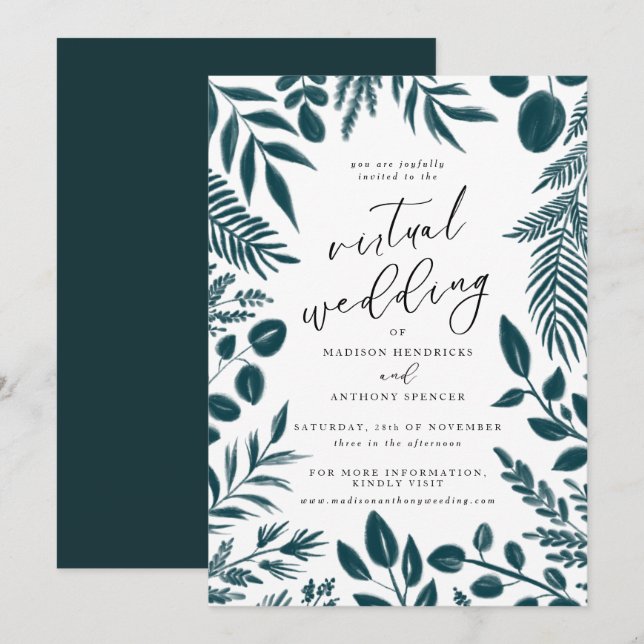 Invitación Elegante Boda virtual botánico Verde azulado (Anverso / Reverso)