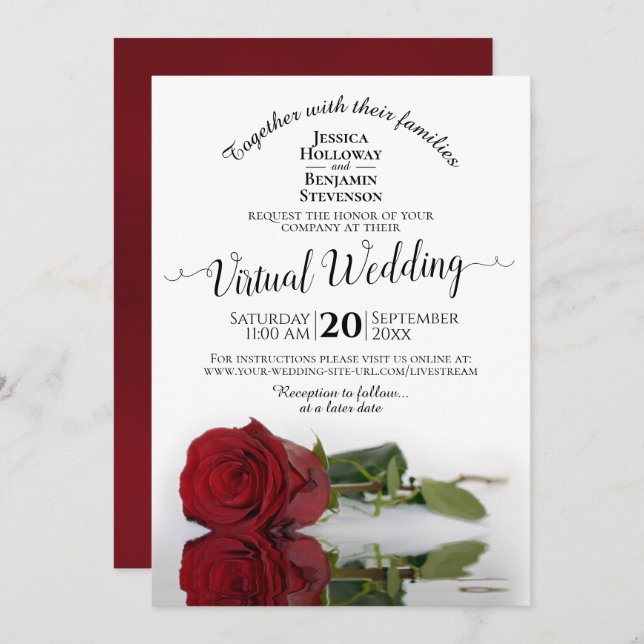 Invitación Elegante Boda virtual de la Rosa Roja (Anverso / Reverso)