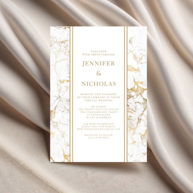 Invitación Elegante Boda virtual de mármol blanco y oro (Elegant White & Gold Marble Virtual Wedding Invitation)