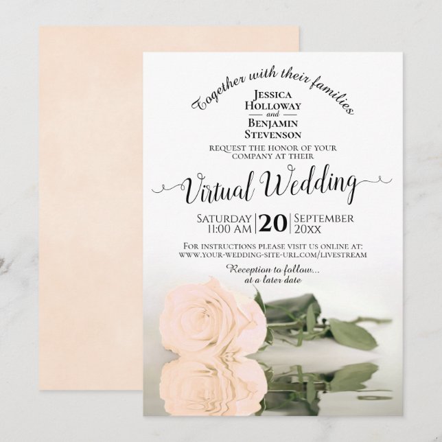 Invitación Elegante Boda virtual de Rosa romántico de marfil (Anverso / Reverso)