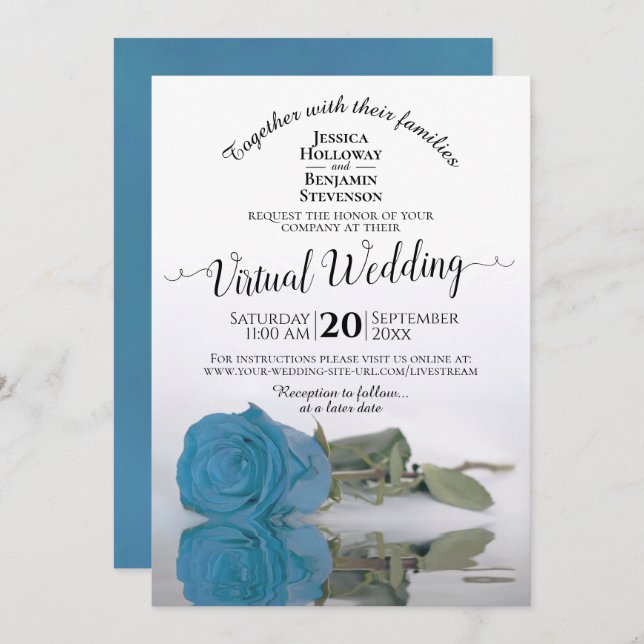 Invitación Elegante Boda virtual de Rosa turquesa o azul ciel (Anverso / Reverso)