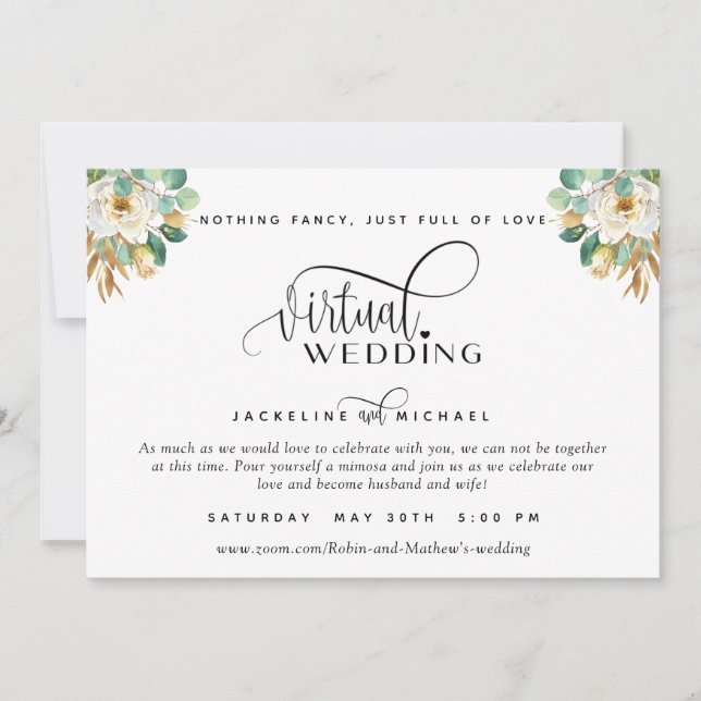 Invitación Elegante Boda virtual floral blanco y dorado Invi (Anverso)