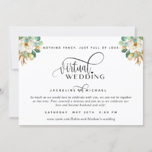 Invitación Elegante Boda virtual floral blanco y dorado Invi