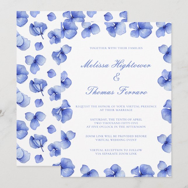 Invitación Elegante Boda virtual floral de Hydrangea azul (Anverso / Reverso)
