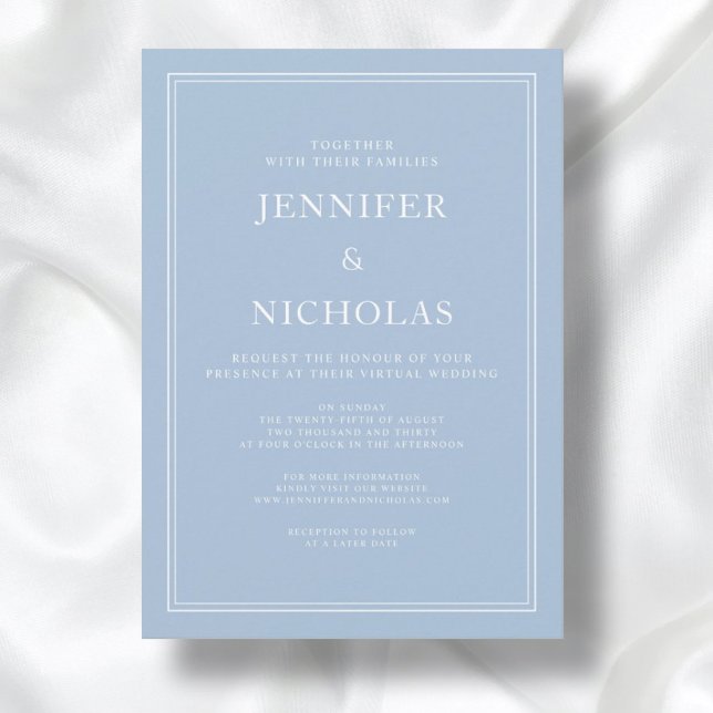 Invitación Elegante Boda Virtual Formal Azul Polvo (Front / Modern Elegant Formal Powder Blue Virtual Wedding Invitation)