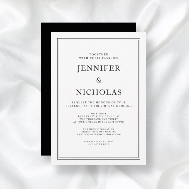 Invitación Elegante Boda Virtual Formal Blanco Y Negro (Front/Back Elegant Classic Formal Black White Virtual Wedding Invitation)