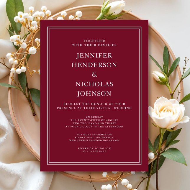 Invitación Elegante Boda virtual formal de Borgoña (Elegant Formal Burgundy Virtual Wedding Invitation)
