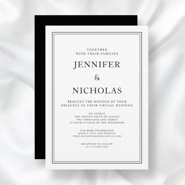 Invitación Elegante Boda Virtual Formal en Blanco y Negro (Front/Back Elegant Classic Formal Black White Virtual Wedding Invitation)
