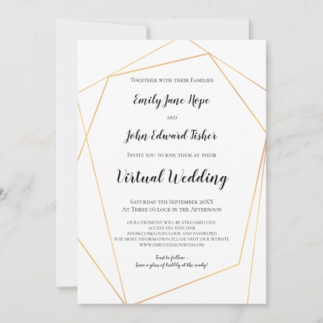 Invitación Elegante Boda virtual geométrico simple de oro (Anverso)
