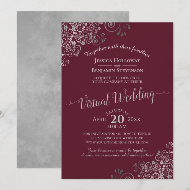 Invitación Elegante Boda virtual gris plateado y borgoña (Anverso / Reverso)