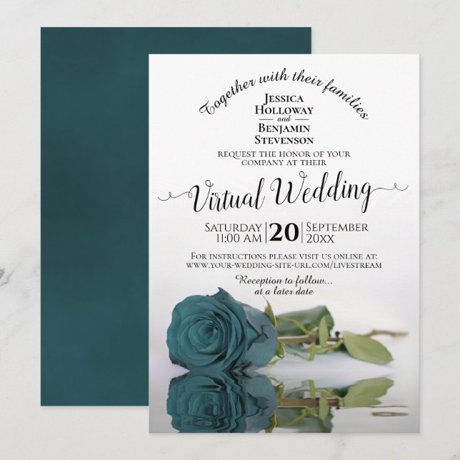 Invitación Elegante Boda virtual Rosa reflectante Verde azula (Anverso / Reverso)