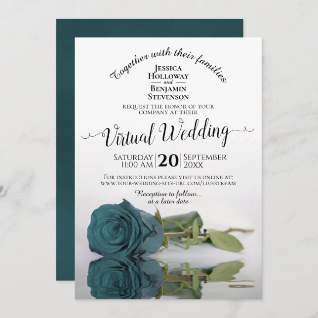 Invitación Elegante Boda virtual Rosa reflectante Verde azula (Anverso / Reverso)