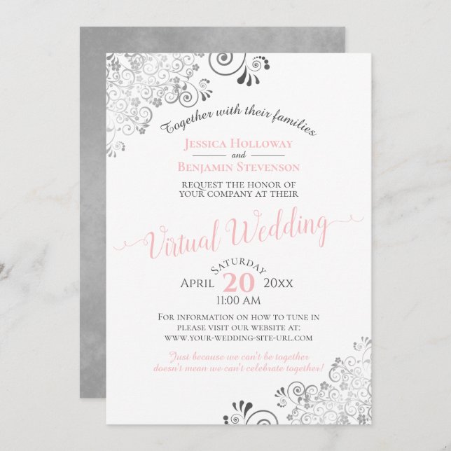 Invitación Elegante Boda virtual rosa y gris de Lacy Silver (Anverso / Reverso)