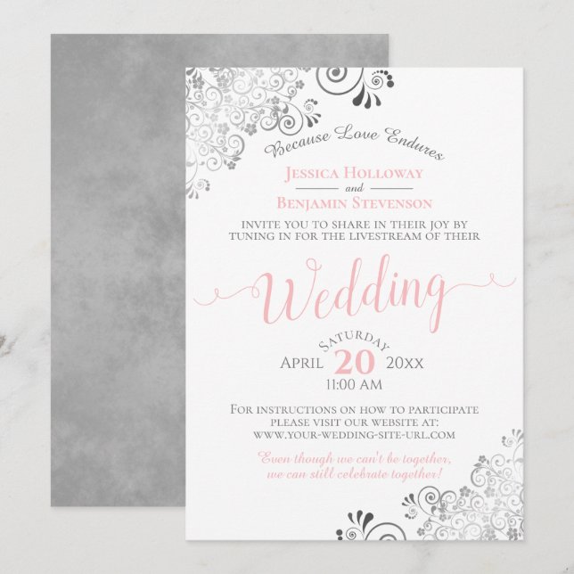 Invitación Elegante Boda virtual rosa y gris transmitido en v (Anverso / Reverso)
