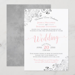 Invitación Elegante Boda virtual rosa y gris transmitido en v