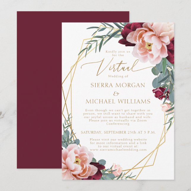 Invitación Elegante Boda virtual Rubor Burgundy Gold (Anverso / Reverso)