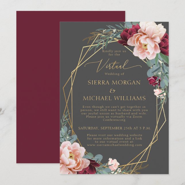 Invitación Elegante Boda virtual Rubor Burgundy Gray Gold (Anverso / Reverso)