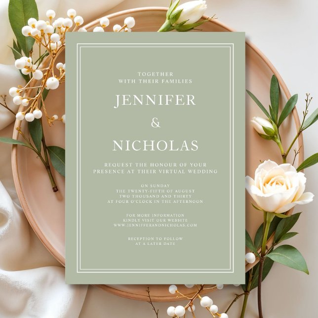 Invitación Elegante Boda virtual verde sabio (Elegant Modern Sage Green Virtual Wedding Invitation)