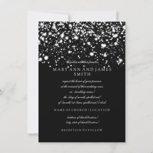 Invitación Elegante Boda Vow Renovación Plata Glam Medianoche (Anverso)